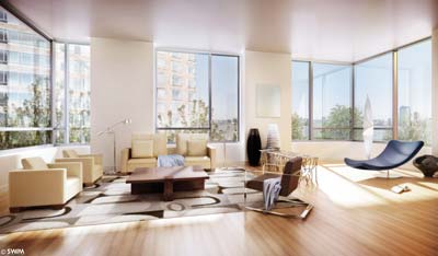 Luxurious living spaces in the nearly finished Riverhouse, in New York's Battery Park City, will feature views of the Hudson and Lower Manhattan skyline.